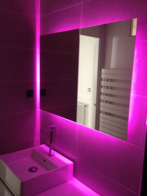 " ZEN " Bathroom by Brennus Property Pink Led Lights Bathroom, Pink Led Bathroom, Led In Bathroom, Glow Spa Bathroom, Led Lights Bathroom Ideas, Bathroom Ideas Led Lights, Led Bathroom Aesthetic, Led Light Bathroom Ideas, Led Lights In Bathroom