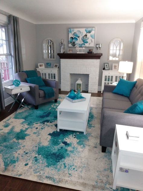 Teal Grey White Living Room, Teal Gray And White Living Room, Teal Grey And White Living Room, Turquoise And Grey Living Room Ideas, Teal Gray Black White Living Room, Turquoise And White Living Room, Turquoise Gray Living Room, Home Decor With Teal Accents, Light Grey And Teal Living Room