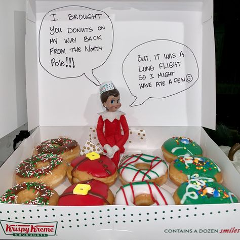 Elf On The Shelf Welcome Back Gift, Elf Back From North Pole, Elf On The Shelf Morning Ideas, Elf Lunch Ideas, Elf On The Shelf Saint Nicholas Day, Elf On The Shelf With Treats, Elfie First Day Back, Elf Doughnut Ideas, Elf On The Shelf Going Back To The North Pole