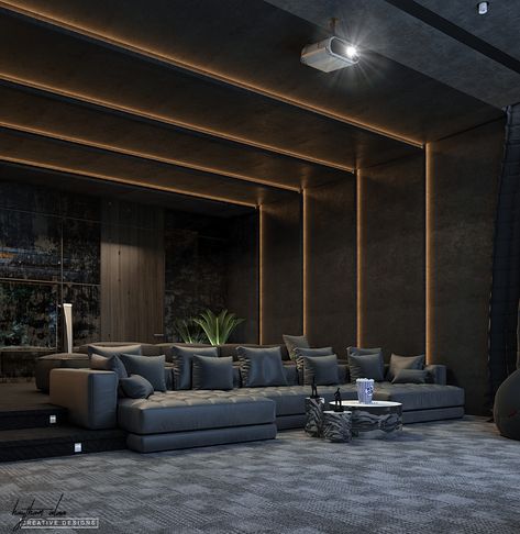 home theater on Behance Coffered Ceiling Theater Room, Large Tv Wall Design, Home Theatre Design Modern, Theatre Room Design, Home Theater Rooms Luxury, Home Theater Ideas Luxury, Modern Theater Room, Home Theater Design Modern, Home Theatre Design Interiors