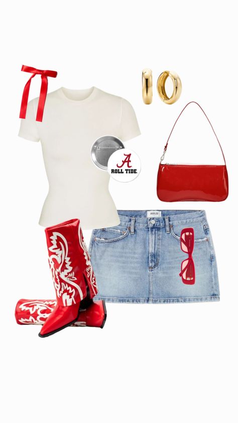 alabama gameday outfit🤍 Alabama Tailgate Outfit, Ga Game Day Outfit, Red College Game Day Outfit, Bama Football Outfits, Red And White Game Day Outfit, Alabama Game Day Fits, Alabama Rush Week Outfits, Uofsc Gameday Outfit, University Of Alabama Game Day Outfits