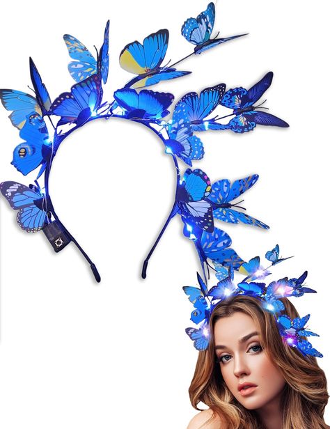 PRICES MAY VARY. Light up Butterfly Fascinator Headpiece: The light-up butterfly antenna headband adult is handmade and lightweight. Colorful and beautiful, blue butterfly headband can emit bright lights at night, very eye-catching. Womens Butterfly Costume: Each butterfly crown for women connected by movable metal wire, so butterfly headpiece can easily diy as you want, The wings are made of vivid light plastic with LED lights. Light-up Mode: Pull out the paper, press the button on the butterfl Tea Party Halloween, Diy Butterfly Costume, Butterfly Fascinator, Butterfly Tea Party, Butterfly Headpiece, Butterfly Headband, Butterfly Crown, Butterfly Tea, Headband Crown