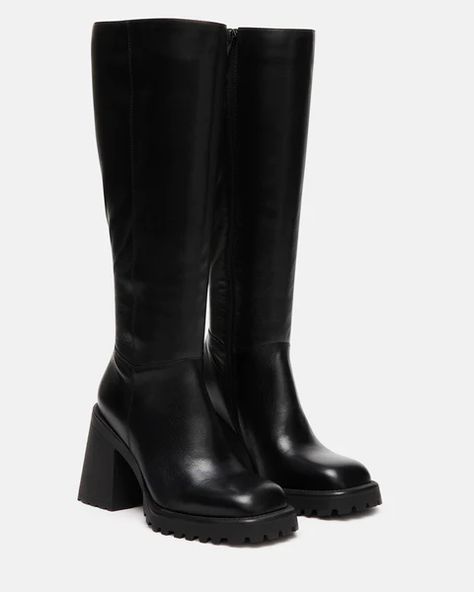 VIOLET Black Leather Knee High Block Heel Boot | Women's Boots – Steve Madden Black Trendy Boots, Colure Pallet, Fall Black Boots, Black Fall Boots, Steven Madden Boots, Black Boots Knee High, Steve Madden Knee High Boots, Black Knee High Boots Outfit, Steve Madden Black Boots