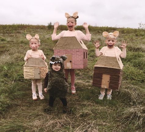 DIY Family Halloween Costumes | Home & Kind | Themed Halloween outfits for the family don't have to break the bank. In fact, making your own family halloween costumes isn't just affordable, it's a lot of fun! Grab 18 costume ideas at HomegrownTradition.com Halloween Farm Costume Ideas, Charlottes Web Family Halloween Costume, Wolf And Pig Costume, Bear Family Halloween Costumes, Woodland Costume Family, 3 Bears Costume Diy, Family Diy Costume Ideas, Big Bad Wolf And Three Pigs Costume, Gnome Family Halloween Costumes