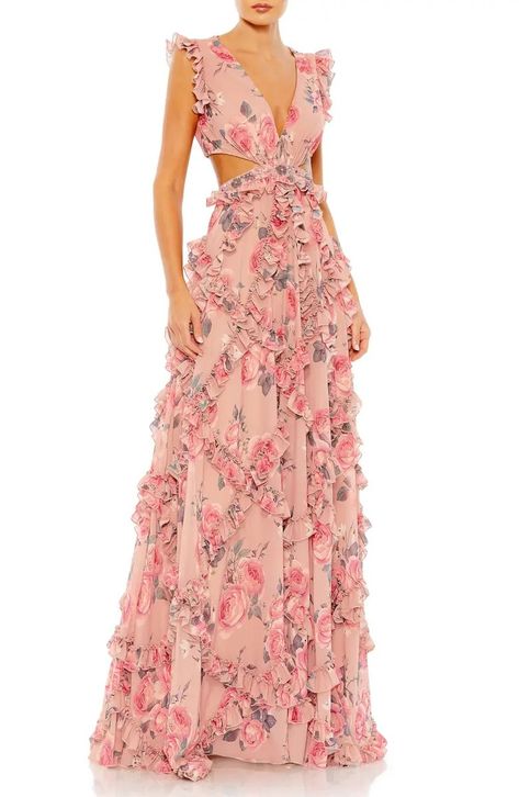 Pink Ruffled Floral Maxi Dress #weddingguestdress #bridesmaiddress  #pinkdress Mac Duggal Dresses Mac Duggal, Max Duggal Dress, Pink Maid Of Honor Dress, Pink Floral Gown, Event Gowns, Chiffon Formal Dress, V Neck Gown, Vestidos Color Coral, Shower Photography