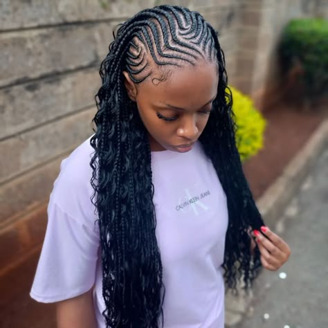 Half Braid Half Sew In Curly, Half Up Half Down Hair Cornrows, Cornrow And Weave Hairstyles, Cornrow Front Curly Weave Back, Half Scalp Braids Half Box Braids, Trending Hair Styles 2024, Nice Cornrows Hairstyles, Lines And Braids Hairstyles, Braids In Front Curly Hair In Back