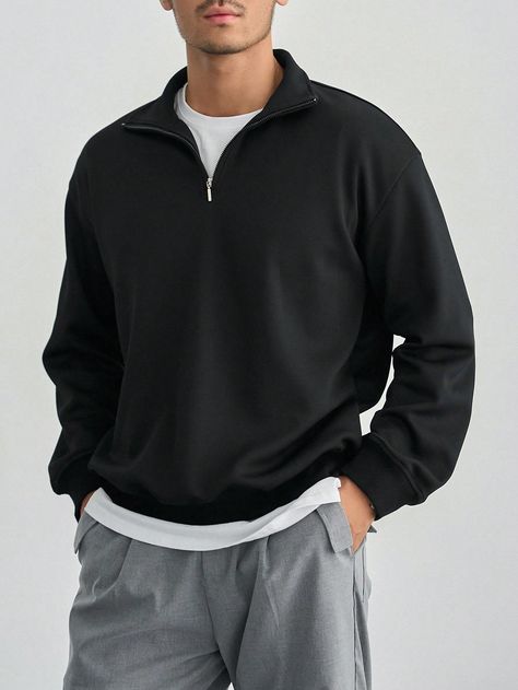 Black Casual Collar Long Sleeve Knitted Fabric Plain Half Placket Embellished Non-Stretch  Men Clothing Male Quarter Zip Outfit, Sweatshirts Men Outfit, Outfit Casual Uomo, Winter Looks Men, Men Outfit Accessories, Sporty Casual Outfits Men, Men’s Quarter Zip, Black Quarter Zip Outfit Men, 20 Year Old Mens Fashion