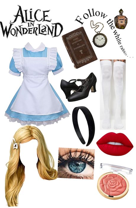 Alice In Wonderland Costume Accessories, Alice In Wonderland Simple Costume, Alice In Wonderland Halloween Ideas, Alice In Wonderland Cosplay Ideas, Alice In Wonder Land Costume, White Rabbit Alice In Wonderland Costume Diy, Alice Cosplay Wonderland, Alice Costume Ideas, Fantasia Alice Halloween