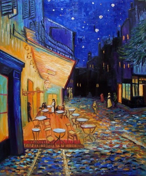 Copy of Vincent van Gogh's masterpiece 'Cafe Terrace at Night' by *laSztuka. Oil on canvas Cafe Terrace At Night Tattoo, Post Impressionism Art, Cafe Terrace At Night, Terrace At Night, Night Cafe, Cafe Terrace, Street Painting, Space Painting, Landscape Art Painting