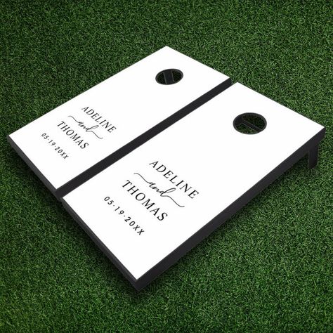 Modern Black and White Custom Wedding Monogram Cornhole Set Wedding Cornhole Boards, White Wedding Ceremony, Woods Wedding, Black And White Wedding Theme, Custom Wedding Monogram, White Wedding Theme, Cornhole Game, Wedding Monogram, Future Wedding Plans