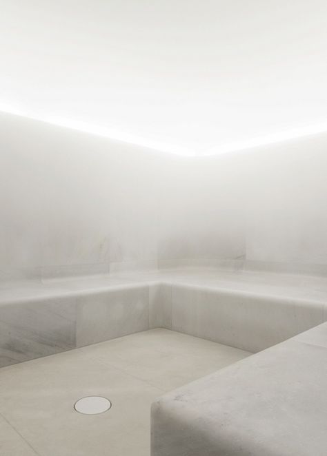 White marble hamam.  Cafe Royal, Akasha Holistic Wellbeing Centre Design Portfolio Layout, Wellbeing Centre, Cafe Royal, David Chipperfield Architects, Sauna Steam Room, Andermatt, Portfolio Covers, Steam Sauna, Interior Minimalista