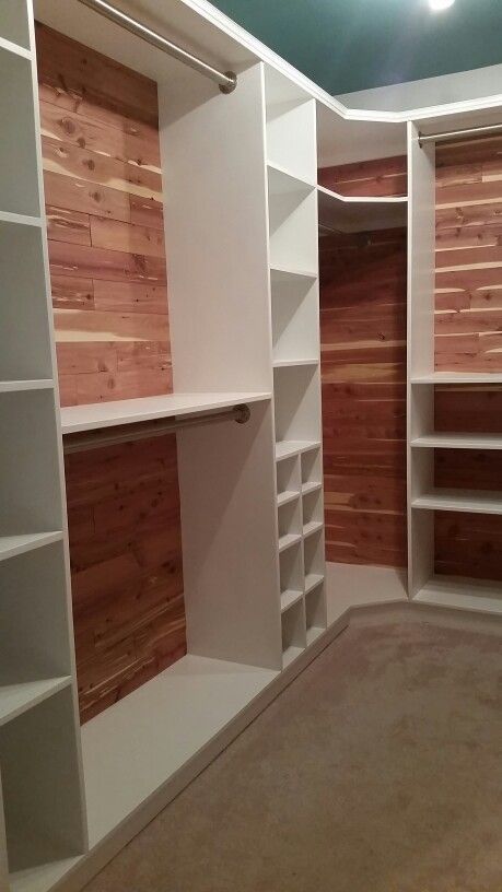 New cedar-lined closet 2 Double Hanger Closet, Diy California Closet, Bedroom Ideas For Long Rooms, Cedar Closet Ideas, Unique Closet Ideas, Long Closet Ideas, Walk In Bedroom Closet, Small Closet Design Layout, Closet Corner Ideas