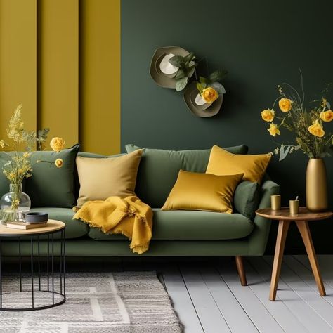 Mustard And Green Living Room, Green And Yellow Combination, Mustard Living Rooms, Yellow Combination, Dark Green Living Room, Stylish Living Room Furniture, Almirah Designs, African House, Sliding Door Design