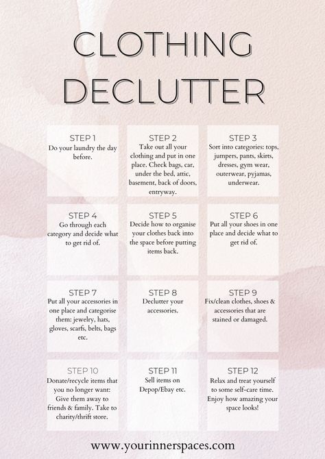 Follow along this 12 step guide to declutter and organize your clothing, shoes and accessories. Clothing declutter tips, clothing declutter checklist, clothing declutter guide, clothing declutter list, clothing declutter konmari, clothing decluttering, how to declutter clothing, clothing organization ideas, clothing organization tips, closet organization, wardrobe organization, clothing organization aesthetic, clothes organization small space, minimalist clothing wardrobe Decluttering Clothes Checklist, Declutter Room Checklist, When To Throw Out Clothes, Organization Ideas For Wardrobe, Clothes Sorting Closet Organization, Clothing Clean Out, Minimize Closet Minimalist Wardrobe, De Clutter Closet, How To Organize Womens Closet