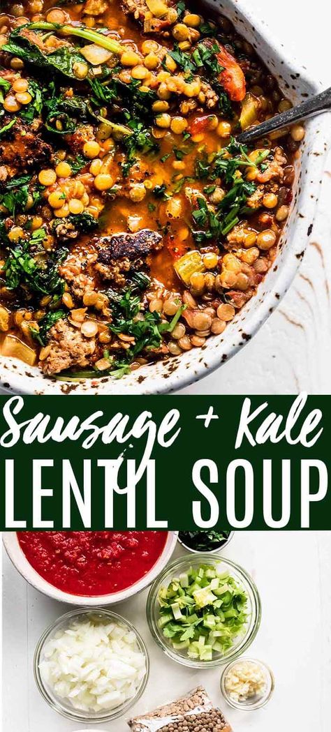 This hearty Lentil Soup with Sausage and Kale will warm you up and keep you wanting more! // soup recipe // hearty soup // healthy soup Lentil Soup With Kale And Sausage, Ground Pork Lentil Soup, Italian Sausage And Kale Recipes, Lentil Kale Soup Recipe, Lentil And Sausage Recipes, Sausage Lentil Soup Crockpot, Carrabas Lentil And Sausage Soup Recipe, Lentil Soup Sausage, Pots Diet