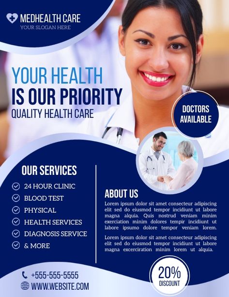 health flyers, doctor advertisements, health care flyers, health services, health professional service templates, small business flyers, medical flyers. Hand Bill Design, Hospital Poster Design, Health Care Poster, Pharmacy Advertising, Hospital Poster, Healthcare Ads, Medical Flyer, Cleaners Logo, Medical Poster