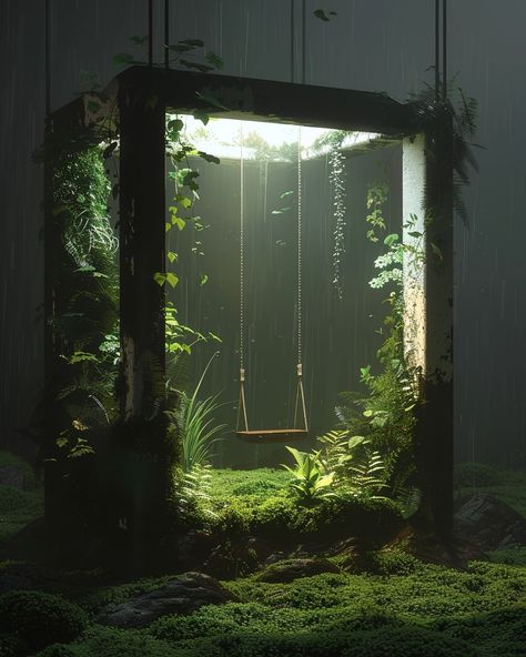 Magical or creepy?⁠ ⁠ ⁠ An open square box with plants and moss on the sides, inside there is an illuminated swing hanging from above, illuminated plants, grassy ground, volumetric light, dark background, rendered in the style of octane, hyper realistic. --ar 35:44 --v 6.0⁠ ⁠ ⁠ ⁠ ⁠ #thisisnotreal#aiphoto #aiphotography #promptphotography #artist #artistsoninstagram #photography #digitalart #art #scifiartwork #dnd5e #dystopian #fantasy #surreal #ethereal #magical #foliage Fantasy Installation, Surreal Art Ideas, Green Surrealism, Neon Interior Design, Light In Architecture, Hanging Plant Ideas, Lighting Exhibition, Moss Hanging, Plant Interior