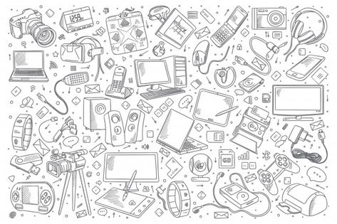 Gadgets doodle set Premium Vector | Premium Vector #Freepik #vector #technology #hand #computer #camera Gadgets Drawing, Cute Designs To Draw, Doodle Background, Adobe Photoshop Design, Photos Booth, New Tech, Doodle Icon, High Tech Gadgets, Graffiti Painting