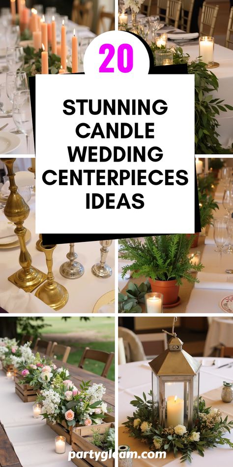 Are you a bride-to-be looking for elegant centerpieces that will bring an enchanting touch to your wedding? Check out these 20 stunning candle wedding centerpieces ideas! Whether you're after soft peach fuzz candles in beautiful pottery holders, lush foliage garlands adorned with glowing candles, or simple yet sophisticated potted herbs, there's inspiration waiting for you. Miniature crates filled with flowers and dainty candles create a charming rustic vibe, while wreathed lanterns add a magical allure. Discover the perfect atmosphere with these creative and romantic ideas for your special day. Floating Candles Wedding Centerpieces Reception Ideas, Elegant Simple Wedding Centerpieces, Fake Candles Wedding Centerpieces, Candle And Flower Centerpieces Wedding, Simple Candle Centerpieces Wedding, Large Candle Centerpieces, November Wedding Centerpieces, Lantern Wedding Centerpieces, Simple Candle Centerpieces