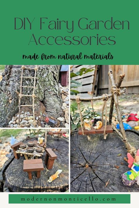 Easy DIY Miniature Fairy Garden Accessories From Nature - Modern on Monticello Diy Fairy Garden Accessories, Fairy Garden Accessories Diy, Fairy Garden Containers, Diy Fairy Garden, Fairy Garden Ideas, Fairy Garden Furniture, Mini Terrarium, Fairy House Diy, Fairy Garden Designs