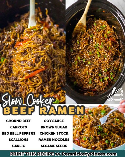 We’re beefing up your ramen noodle packages by adding juicy ground beef, carrots, red peppers, and green onions to a crockpot to simmer in a flavorful, sweet and savory sauce. Slow cooker beef ramen is a Japanese-inspired dish that will satisfy even the hungriest teens! Crockpot Beef Ramen Noodles, Slow Cooker Beef Ramen Noodles, Crockpot Ramen Recipes, Slow Cooker Ramen Recipes, Crockpot Ramen, Slow Cooker Beef Ramen, Slow Cooker Ramen, Beef Ramen Noodles, Asian Entrees