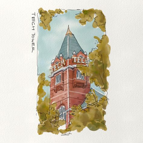 A watercolor painting of the Tech Tower at Georgia Tech in Atlanta. Georgia Tech Aesthetic, Dorm Prints, Color Pencil Illustration, Tech Aesthetic, Roblox Robux, Tech Art, College Girl, Painting Inspo, College Apartment