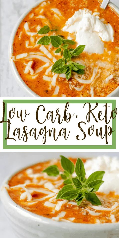 This Low Carb, Keto Lasagna Soup is features a tomato and chicken broth base with plenty of juicy Italian sausage and creamy mozzarella and parmesan cheeses. Garlic, oregano and bay leaves seal the delicious deal. Gluten free and grain free. #lasagnasoup #ketolasagna #lowcarblasagna #ketosoup #lowcarbsoup Keto Lasagna Soup, Keto Soups, Low Carb Lasagna, Keto Eating, Keto Lasagna, Boiled Egg Diet Plan, Cook Dinner, Resep Diet, Keto Soup