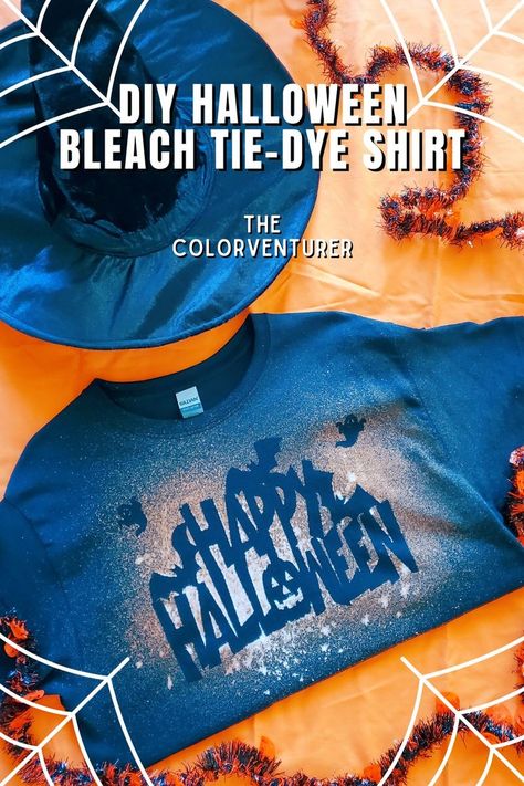 Get into the spooky spirit by DIYing a festive shirt especially for Fright Night! Using decorative signs from Dollar Tree, a black t-shirt, and bleach, this DIY Bleach Tie-Dye Halloween Shirt is a boo-tiful addition for Halloween. 

DIY Halloween Bleach Tie-Dye Shirt / Halloween outfits / Halloween costumes / Halloween fashion / Halloween fashion / DIY / bleach tie-dye reverse - Tie-dye / Halloween shirts / Halloween DIY / Halloween crafts Fall Bleached Shirts Diy, Bleach Tie Dye With Stencil, Tie Dye On Black Shirts, Bleach Dye Stencil, Reverse Tie Dye Halloween Shirts Diy, Bleach Splatter Shirt Diy How To, Diy Bleach Dye Shirt, Dollar Tree Bleach Shirt Halloween, Bleach Tie Died Tshirts