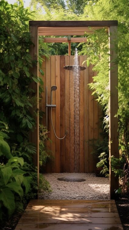 Summer House Exterior Ideas, Exterior Bathroom Ideas, Outside Spa Ideas Backyards, Outdoor Sauna Shower Ideas, Outdoor Shower Shed, Outdoor Shower Cabin, Outdoor Bath And Sauna, Outdoor Shower Garden, Outdoor Showers Cottage Cabin