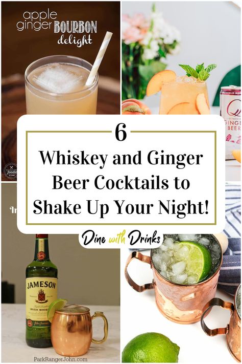 Collage of 4 whiskey and ginger beer cocktails. Whisky Ginger Cocktail, Whiskey And Ginger Beer, Whiskey Ginger Beer Cocktail, Drinks With Ginger Beer, Cocktails With Ginger Beer, Bourbon And Ginger Beer, Ginger Beer Cocktail Recipes, Burbon Drinks, Acholic Drinks