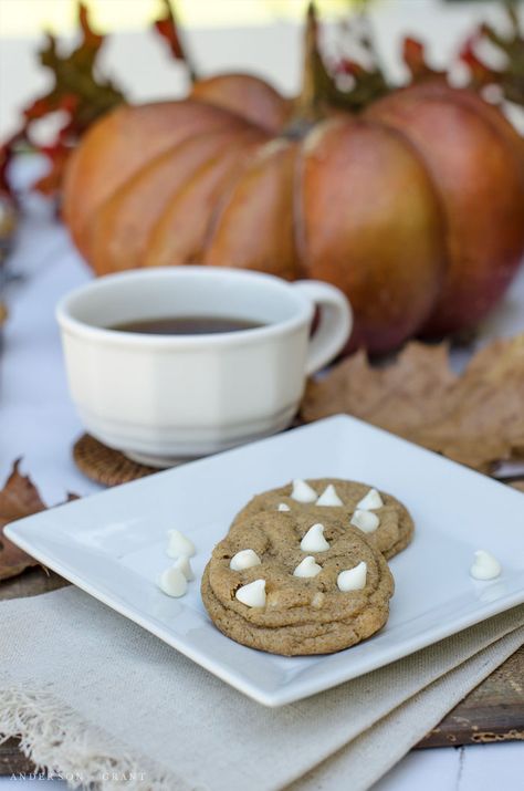 Pumpkin Spice Chocolate Chip Cookies....a perfect recipe for fall baking.  |  www.andersonandgrant.com Pumpkin Spice Chocolate Chip Cookies, Pumpkin Spice Chocolate, Cookie Glaze, Pumpkin Coffee Cakes, Fall Baking Recipes, Carrot Cake Cookies, Spiced Chocolate, White Chocolate Chip, White Chocolate Chip Cookies