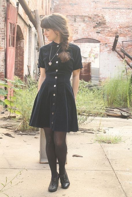 Dark Librarian Aesthetic Outfit, Goth Dress Casual, Goth Librarian Outfits, Goth Librarian Aesthetic, Dress And Tights, Little Black Dress Outfit, Retro Pin Up, Black Dress Outfits, Retro Mode