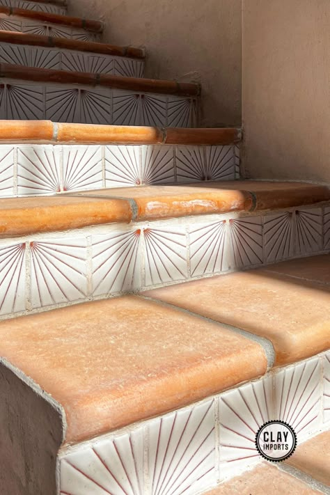 Tile Front Stairs, Saltillo Tile Backyard, Tile Concrete Steps, Tiled Front Steps, Terracotta Stairs, Tile Stairs Indoor Staircases, Tile On Stair Risers, Courtyard Steps, Spanish Staircase