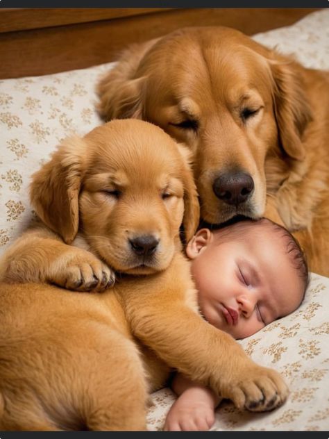 A Golden Retriever, Human Babies, Dogs And Kids, Dogs Golden Retriever, Golden Retrievers, Baby Dogs, Funny Cartoon, 귀여운 동물, Big Dogs