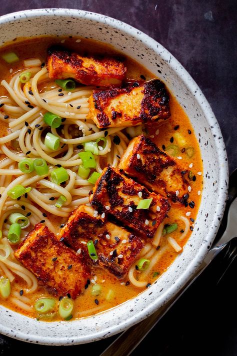 Pescatarian Ramen Recipes, Vegan Peanut Ramen, Ramen Noodle Recipes Tofu, Peanut Ramen Soup, Kimchi Tofu Ramen, Spicy Coconut Ramen, Tofu Pho Recipe, Peanut Noodles With Tofu, Miso Gochujang Ramen