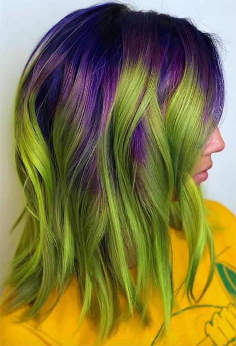 63 Offbeat Green Hair Color Ideas in 2020: Green Hair Dye Kits to Try Beetle Juice Hair Color, Pink Hair With Blue Streaks, Halloween Inspired Hair Color, Purple And Green Hair Ideas, Spooky Hair Color, Orange And Green Hair, Different Colored Hair, Green Hair Ideas, Green Hair Color Ideas