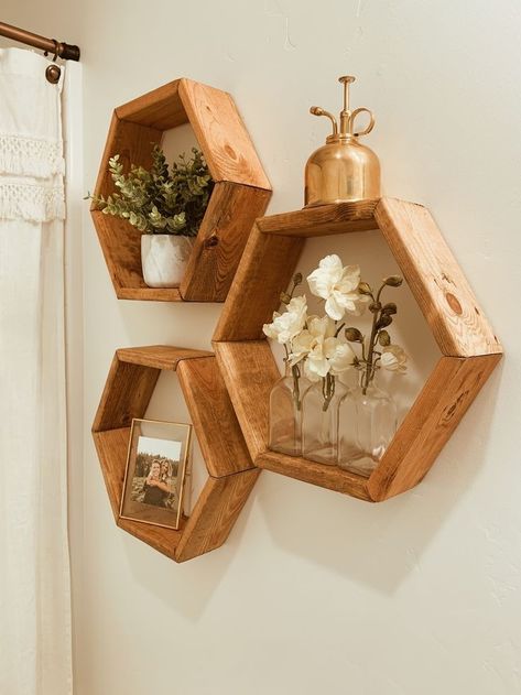 Hexagonal shelf 3 Hexagon Shelves Decor, Hexagon Shelf Bathroom, Decorating Hexagon Shelves, How To Decorate Hexagon Shelves, Hexagon Shelf Decor Living Rooms, Hexagon Bathroom Shelves, Bathroom Hexagon Shelves, Hexagonal Shelves Decor, Hexagon Shelves Bathroom