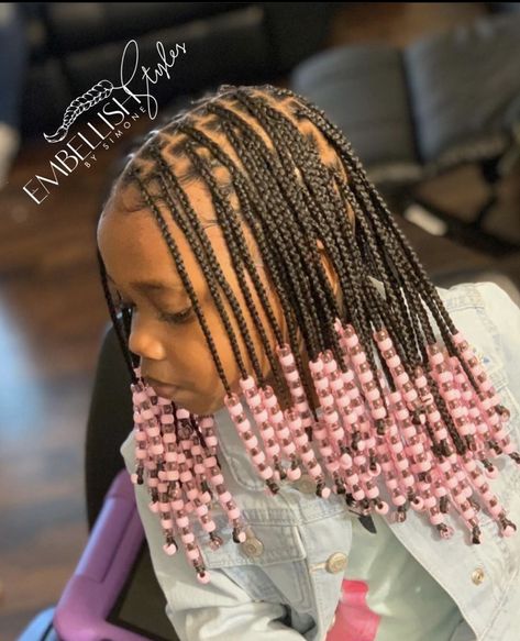 Little Black Girls Natural Hair Braids, Braided Hairstyles For Black Hair Kids, Braided Styles For Black Girls Kids, Kid Knotless Braids, Girl Braids Hairstyles Kids Black, Black Kids Braided Hairstyles Natural, Knotless Box Braids With Beads, Lil Girl Hairstyles Braids, Lemonade Braids For Kids