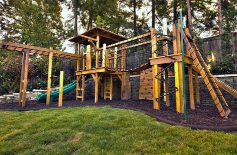 large wooden play area for residential yard Kid Friendly Backyard, Playground Landscaping, Kids Backyard Playground, Large Backyard Landscaping, Safe Playground, Play Area Backyard, Outdoor Play Areas, Kids Indoor Playground, Diy Playground