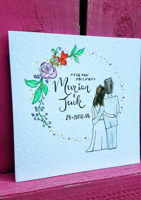 Hand Drawn Wedding Cards, Watercolour Wedding Cards, Watercolour Studies, Congrats Wishes, Homemade Wedding Cards, Wedding Illustrations, Wedding Day Cards, Hand Drawn Cards, Diy Wedding Gifts