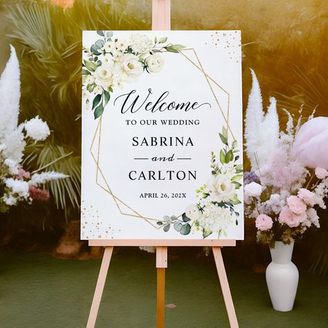 Bring a touch of nature to your wedding with this Trendy Greenery White Floral Wedding Welcome Sign Foam Board. The delicate white flowers and green foliage create a calming and serene atmosphere, perfect for an outdoor wedding. Use it to welcome your guests to your wedding ceremony or reception, or as a photo backdrop for your guests. With Zazzle's design tool, you can easily customize this template to match your wedding colors and theme. White Floral Wedding, Bridal Shower Sign, Poster White, Shower Foam, Chic Baby Shower, Reception Signs, Bridal Shower Welcome Sign, Wedding Posters, Welcome Poster