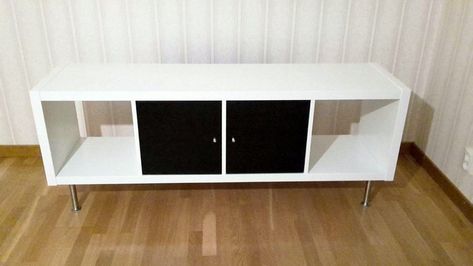 5 easy ways to create a unique KALLAX TV Stand - IKEA Hackers Kallax Tv Stand, Tv Stand Ideas, Kallax Shelf Unit, Kallax Shelving Unit, Kallax Shelf, Tv Stand Designs, Metal Furniture Legs, Easy Hacks, Ikea Kallax