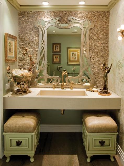 Art Nouveau Inspired Bath | Bathroom Design - Choose Floor Plan & Bath Remodeling Materials | HGTV Art Deco Powder Room, Colonial Bathroom, Art Nouveau Bathroom, Motifs Art Nouveau, Art Nouveau Interior, Storage Benches, Art Nouveau Decor, Art Deco Bathroom, Deco Bathroom