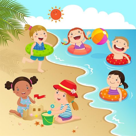 Group of kids having fun on the beach Pr... | Premium Vector #Freepik #vector #kids-beach #sand-castle #sea-travel #swimming-ring Cartoon Drawing For Kids, Kids Having Fun, Picture Comprehension, Beach Cartoon, Beach Drawing, Picture Composition, Happy Children's Day, Beach Kids, Art Drawings For Kids