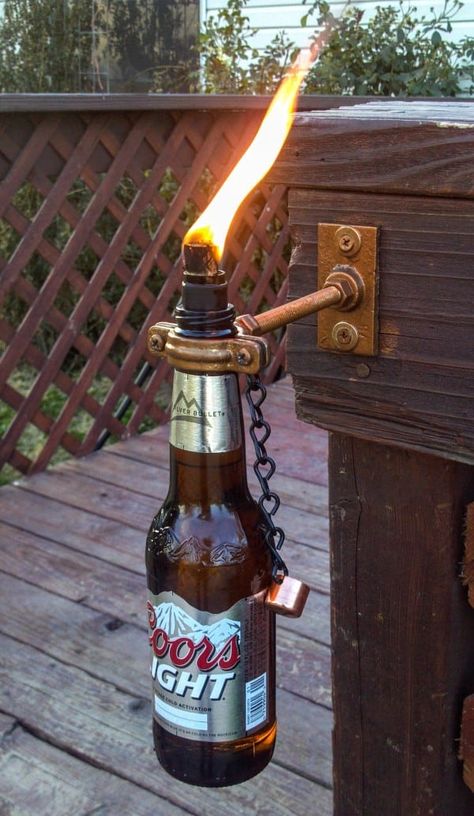 Bottle Torch, Torches Tiki, Beer Bottle Crafts, Wine Bottle Tiki Torch, Bottle Lamps, Tiki Torches, Olive Oil Bottles, Bottle Lamp, Outdoor Projects