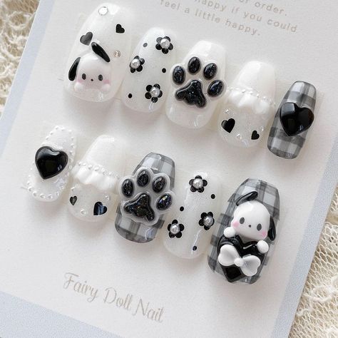 Puppy Nail Art, Pochacco Nail Art, Puppy Nails Designs, Pochacco Nails, Puppy Nails, Animal Nail Designs, Fake Nails Designs, Sky Nails, Cute Simple Nails