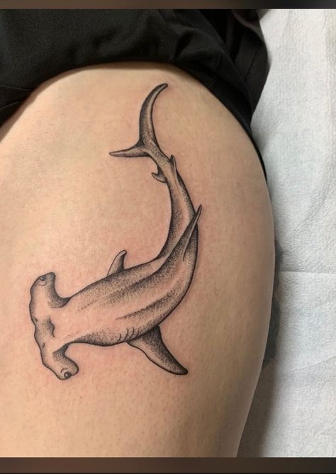 Hammerhead Shark Tattoo Thigh, Shark Aesthetic Tattoo, Shark Tail Tattoo, Overhead Shark Tattoo, Ocean Animals Tattoo Sleeve, Shark Hip Tattoos Women, Hip Shark Tattoo, Shark Tattoo On Leg, Shark Patchwork Tattoo