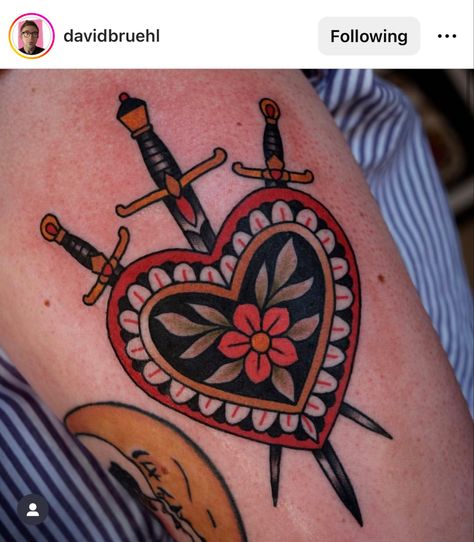 American Trad Heart Tattoo, Traditional Style Heart Tattoo, American Traditional Love Tattoo, Red And Black Traditional Tattoo, Heart American Traditional Tattoo, Trad Heart Tattoo, Mom Heart Tattoo Traditional, Heart With Swords Tattoo, American Traditional Sternum Tattoo