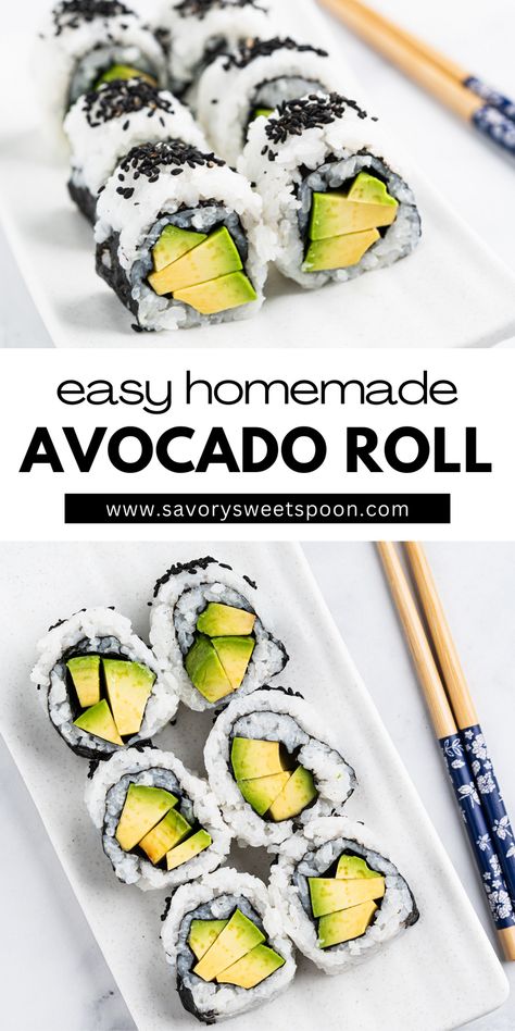 This avocado roll recipe is quick, easy, and delicious. In less than 15 minutes, you'll have velvety slices of ripe, creamy avocado nestled within perfectly seasoned sushi rice, all bundled up in seaweed. Avocado Rolls Sushi, Beef Lo Mein Recipe, Seaweed Rolls, Avocado Sushi, Avocado Roll, Lo Mein Recipes, Homemade Sushi, Lo Mein, Sushi Roll