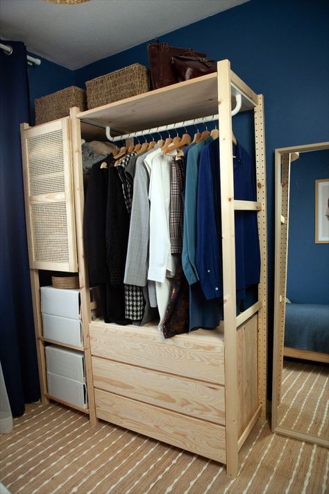 Ikea Ivar Wardrobe, Ivar Wardrobe, Diy Rattan Headboard, Small Bedroom Office, Small Apartment Inspiration, Ikea Closet Hack, Bedroom Wardrobe Ideas, Diy Rattan, Aesthetic Wardrobe